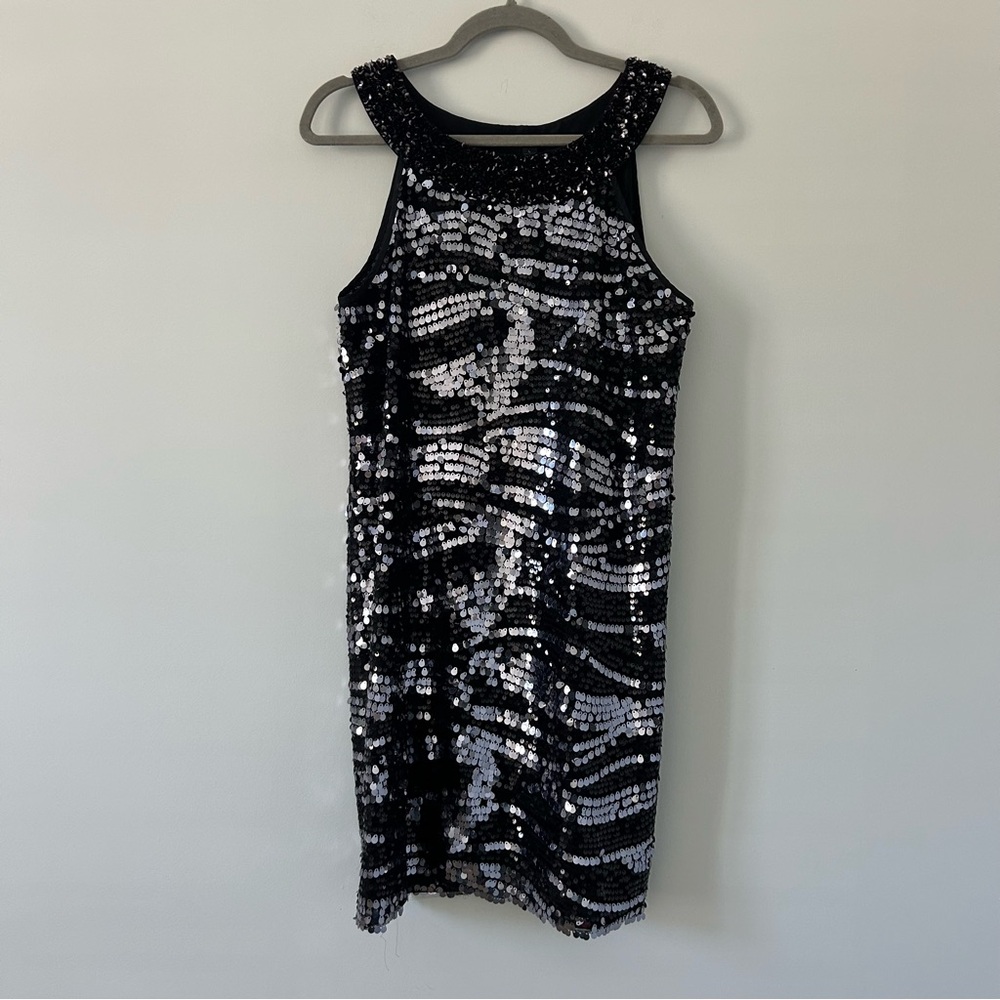 Rachel Zoe Irene Irena Black Silver Sequins Sleeveless Shift Mini Dress Large